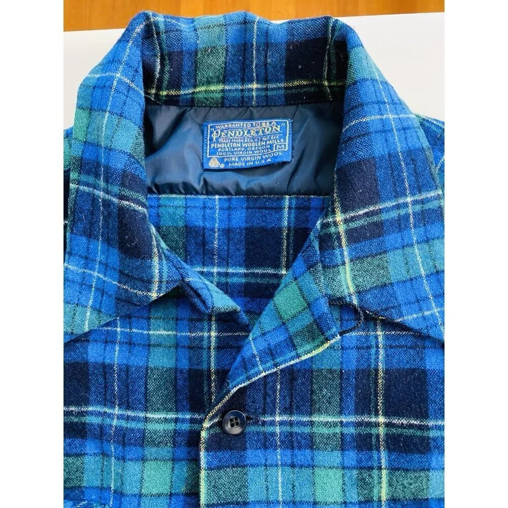 Vintage Pendleton Board Shirt Medium Blue Plaid Wool, Loop Collar, Flap Pocket